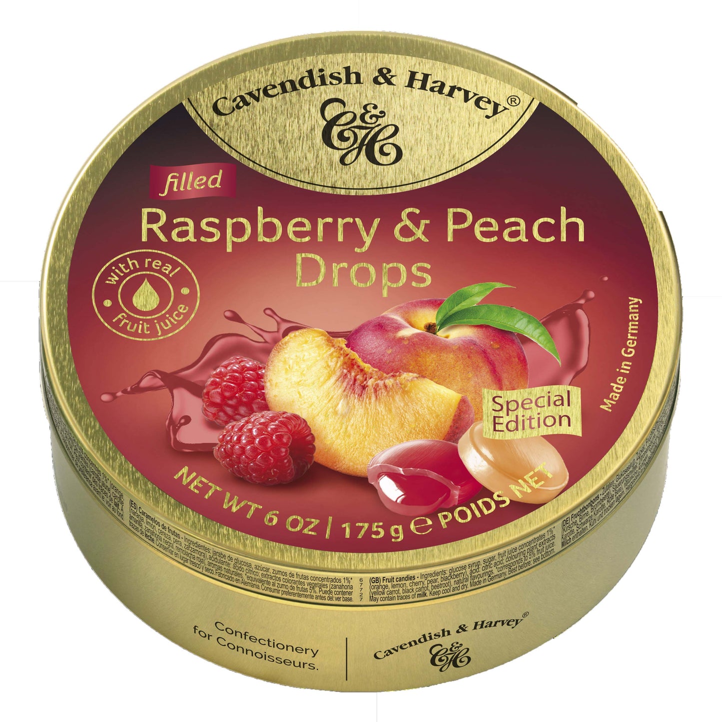 C&H Raspberry And Peach Drops Tin 175g x10ct
