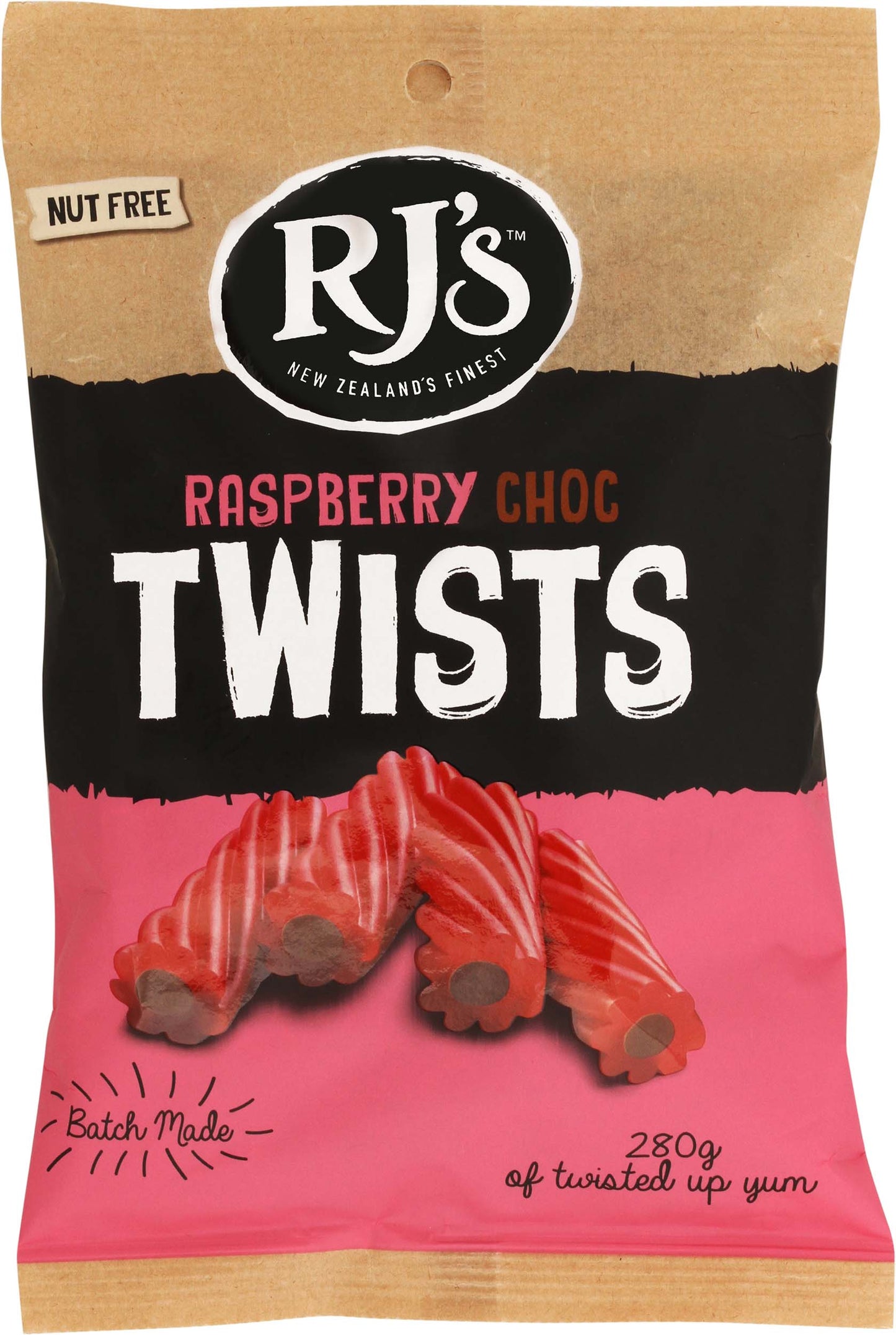 RJ's Twists Raspberry Chocolate Licorice 280g FAMILY BAG x 12ct